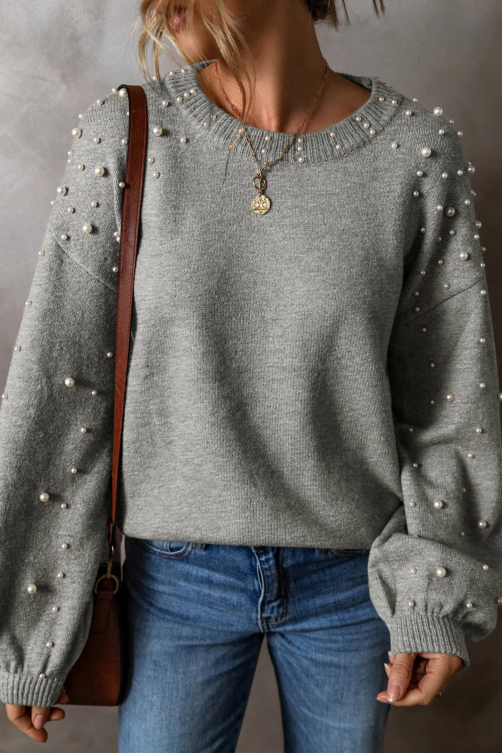 Pearl Detail Round Neck Long Sleeve Sweater by Trendsi
