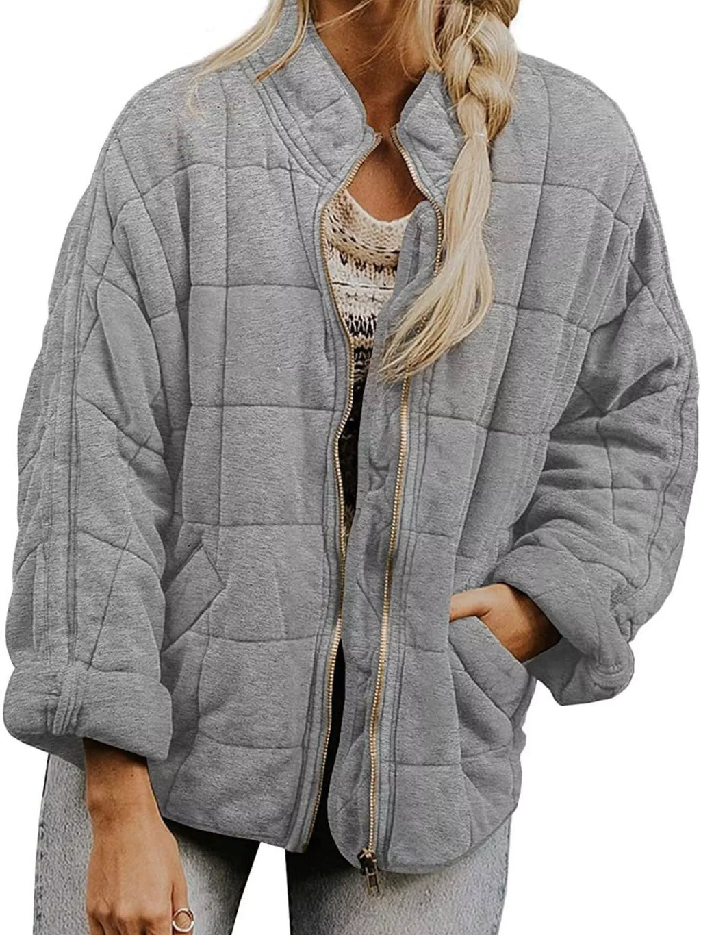 Full Size Zip Up Quilted Bomber Jacket Plus Size by Trendsi