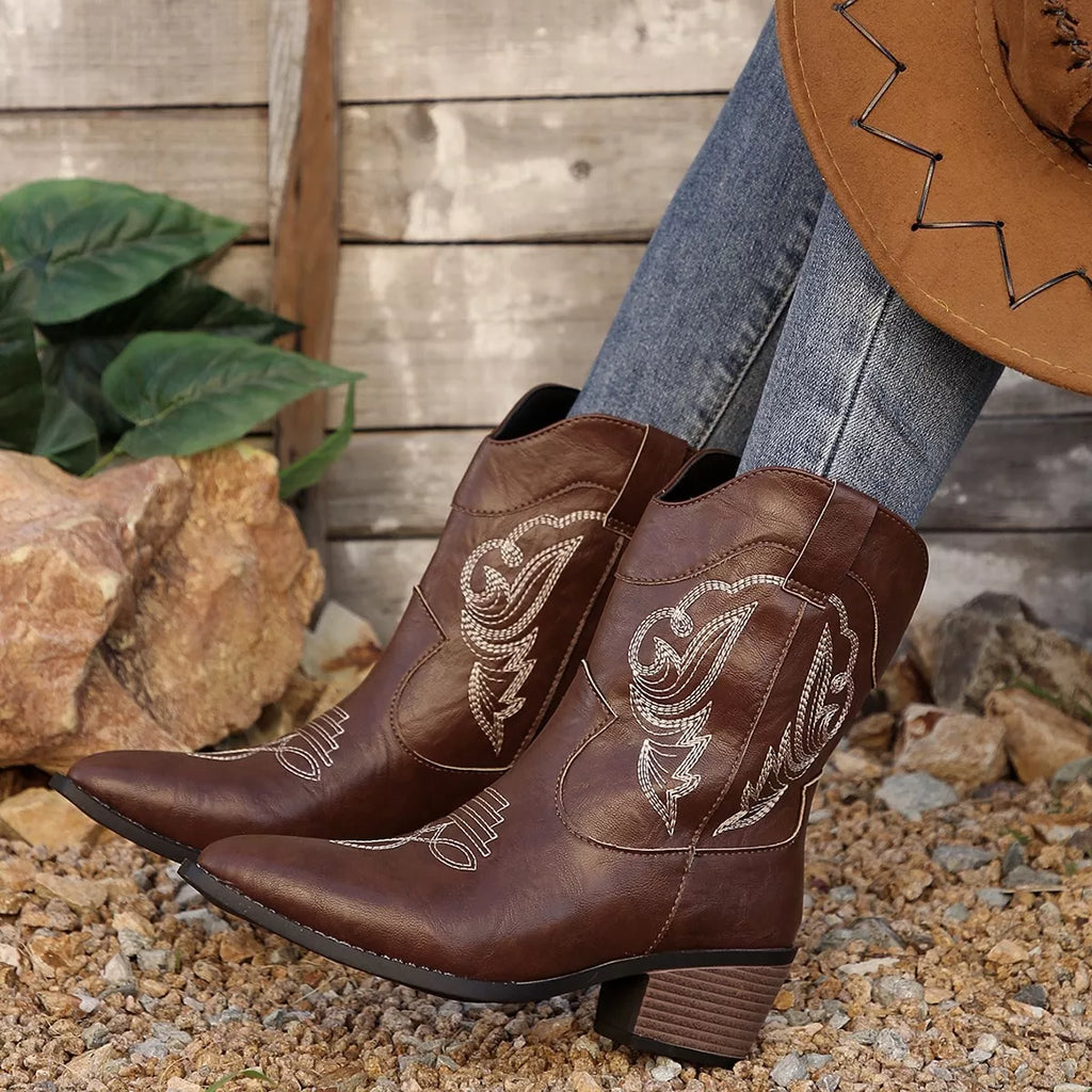 Western Cowboy Boots with Embroidered Design by Trendsi