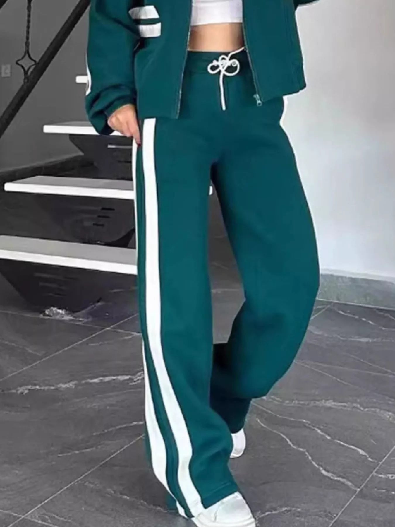 Full Size Contrast Stripe Zip Up Jacket and Pants Set Plus Size by Trendsi