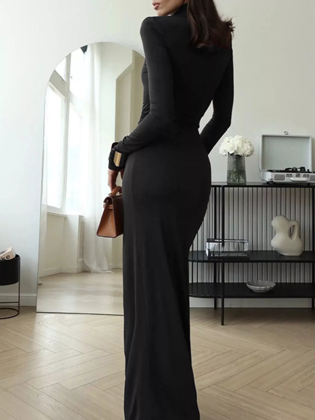 Turtleneck Long Sleeve Slit Maxi Dress by Trendsi