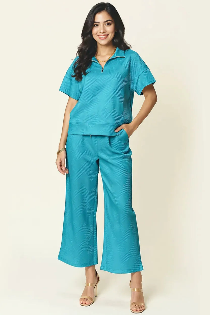 Double Take Full Size Texture Half Zip Short Sleeve Top and Pants Set by Trendsi