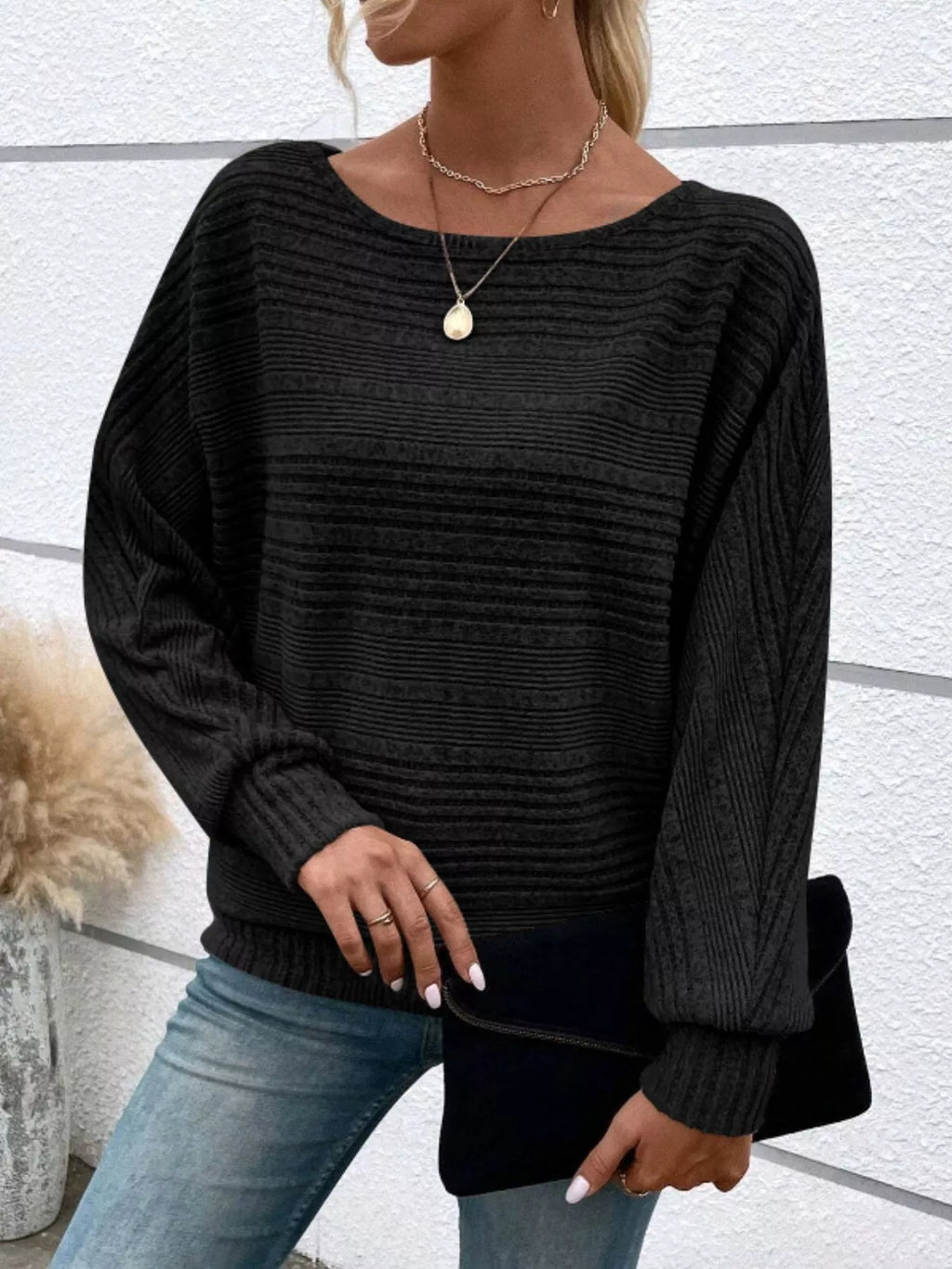 Ribbed Round Neck Long Sleeve Top by Trendsi