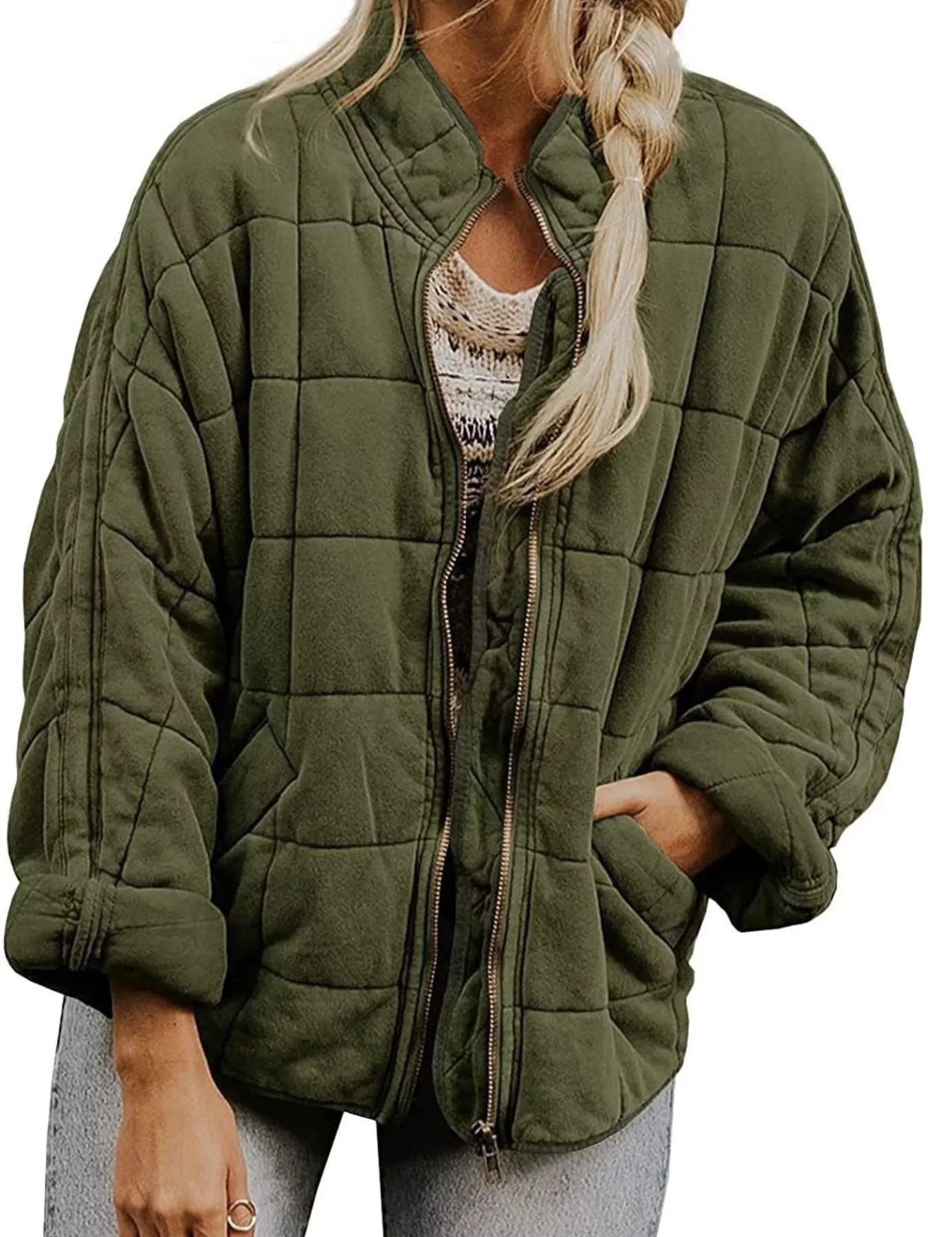 Full Size Zip Up Quilted Bomber Jacket Plus Size by Trendsi