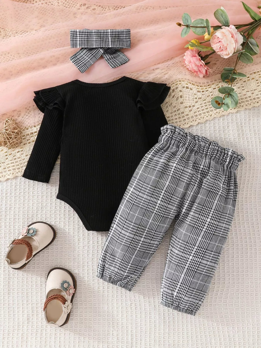Children's Bodysuit & Plaid Pants & Headband Set by Trendsi
