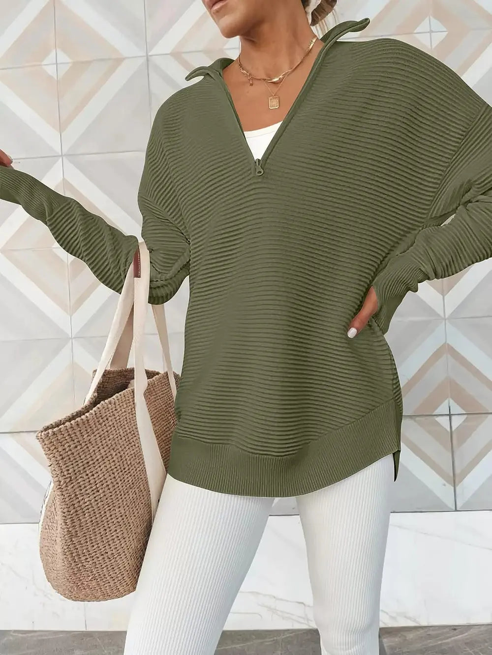 Half Zip Long Sleeve Knit Top by Trendsi