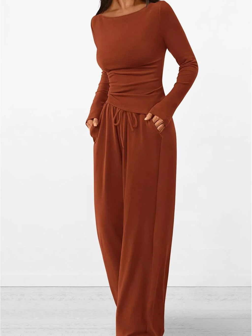 Long Sleeve Top and Wide Leg Pants Set by Trendsi