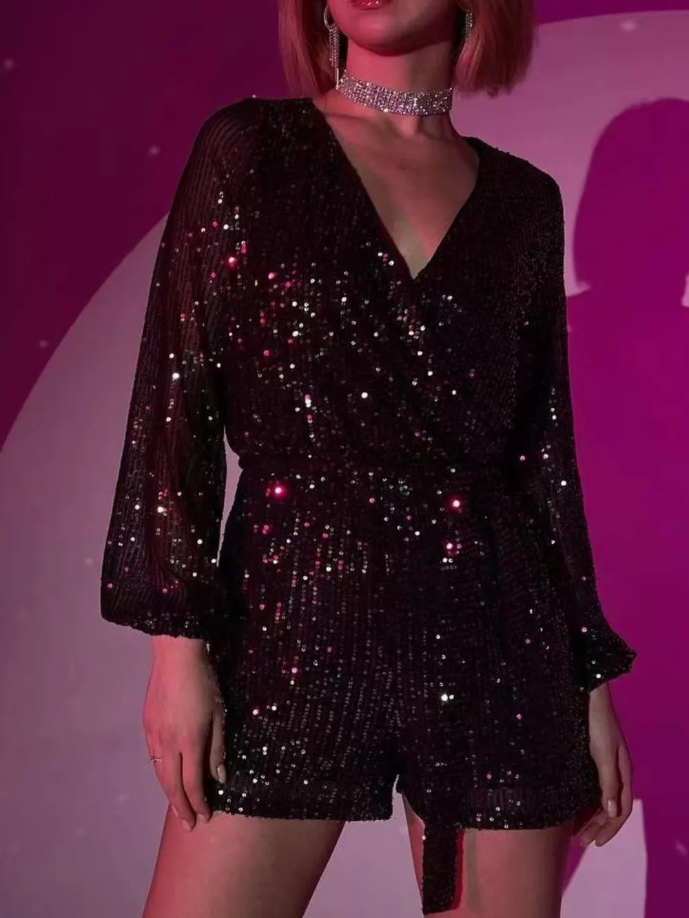 Full Size Sequin Surplice Tie Waist Long Sleeve Romper by Trendsi
