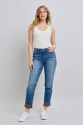 Judy Blue Full Size Plaid Print Cuff Straight Leg Jeans with Pockets by Trendsi