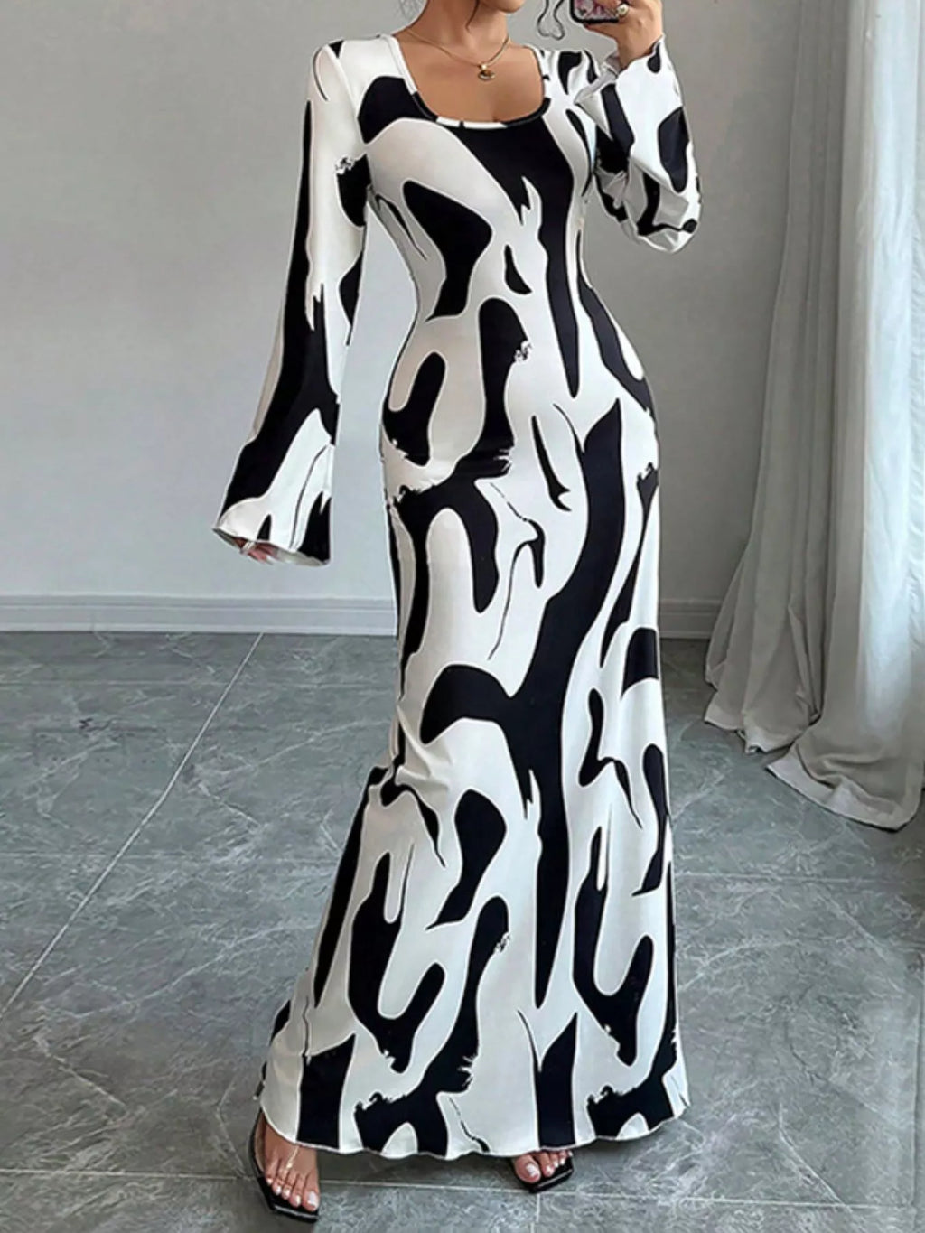 Abstract Print Long Sleeve Maxi Dress by Trendsi