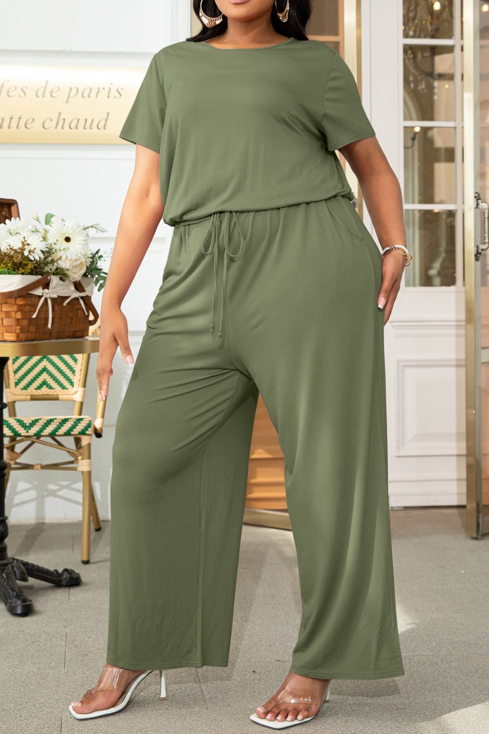 Plus Size Drawstring Waist Short Sleeve Jumpsuit by Trendsi