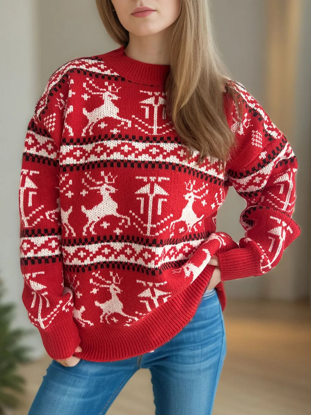 Christmas Element Round Neck Long Sleeve Sweater by Trendsi