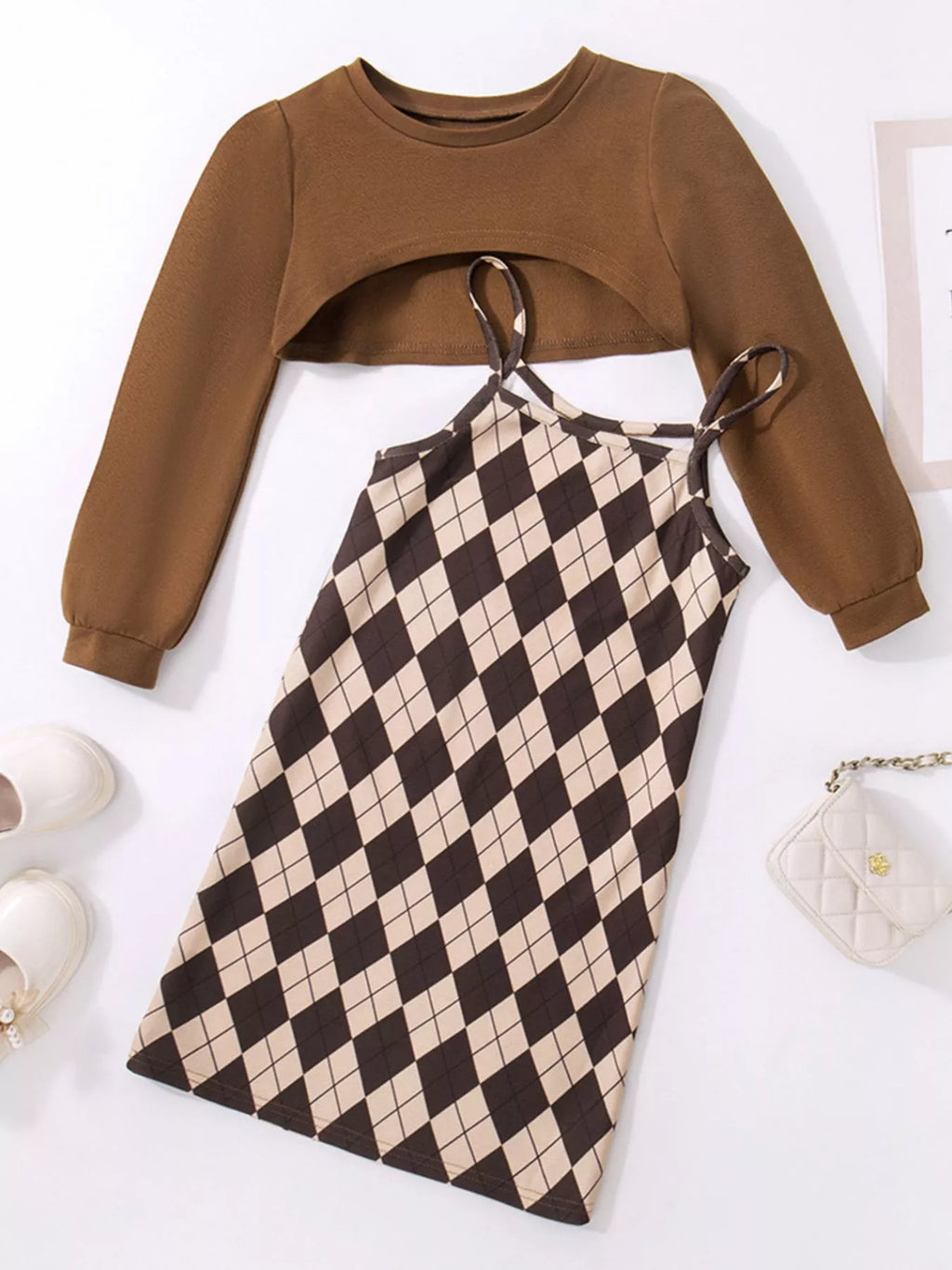Children's Plaid Print Long Sleeve Dress Set by Trendsi