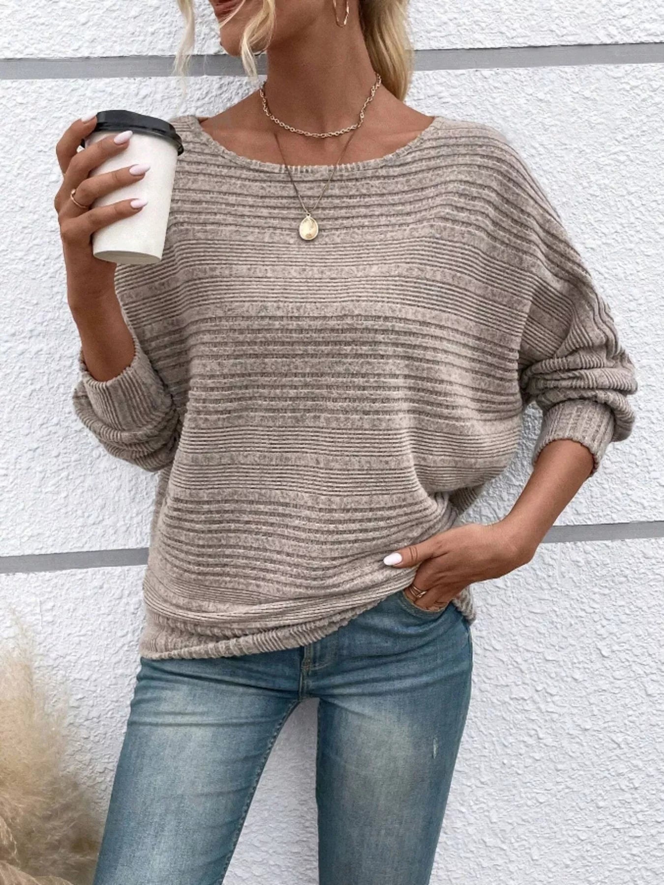 Ribbed Round Neck Long Sleeve Top by Trendsi