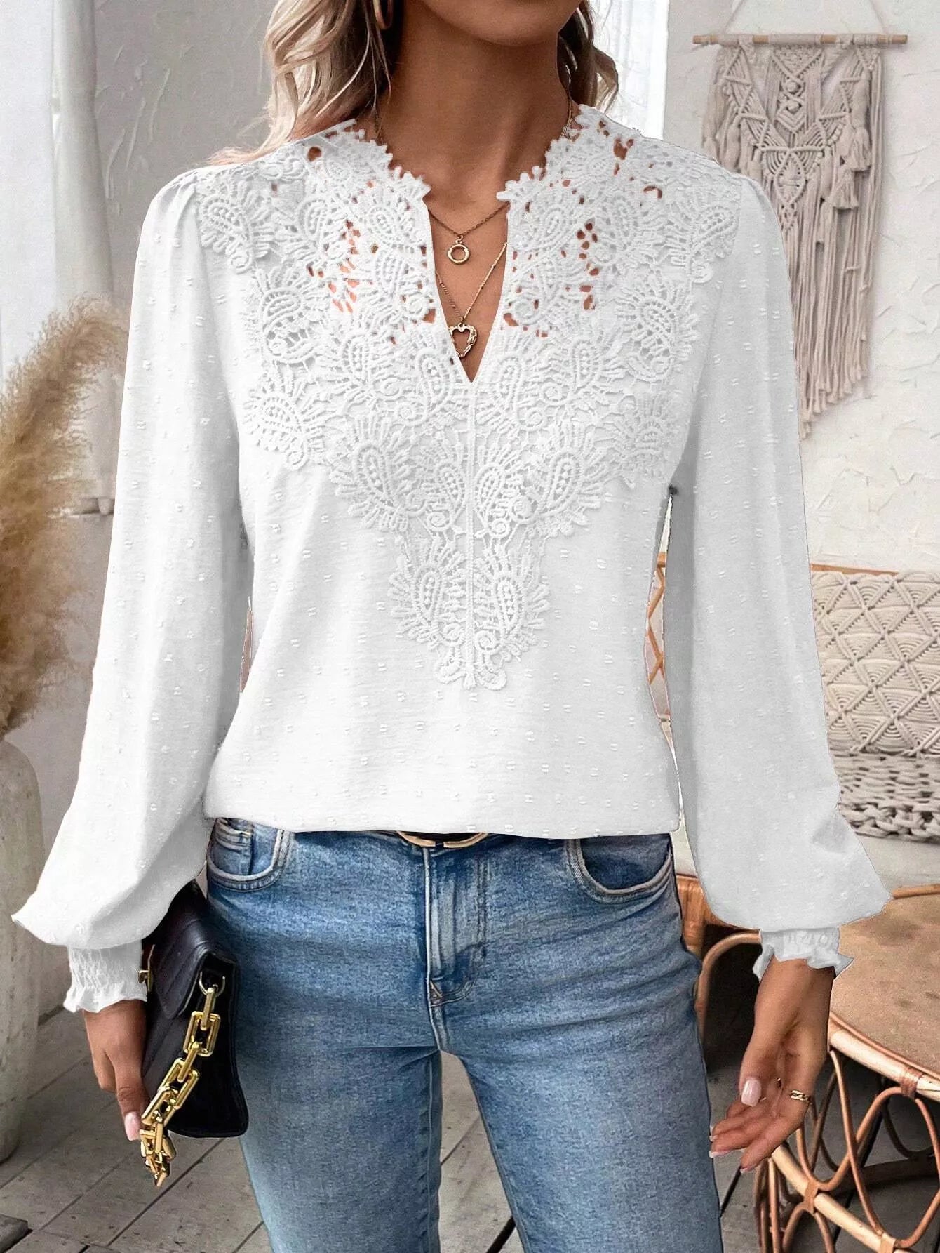 Swiss Dot Lace Detail Long Sleeve Blouse by Trendsi