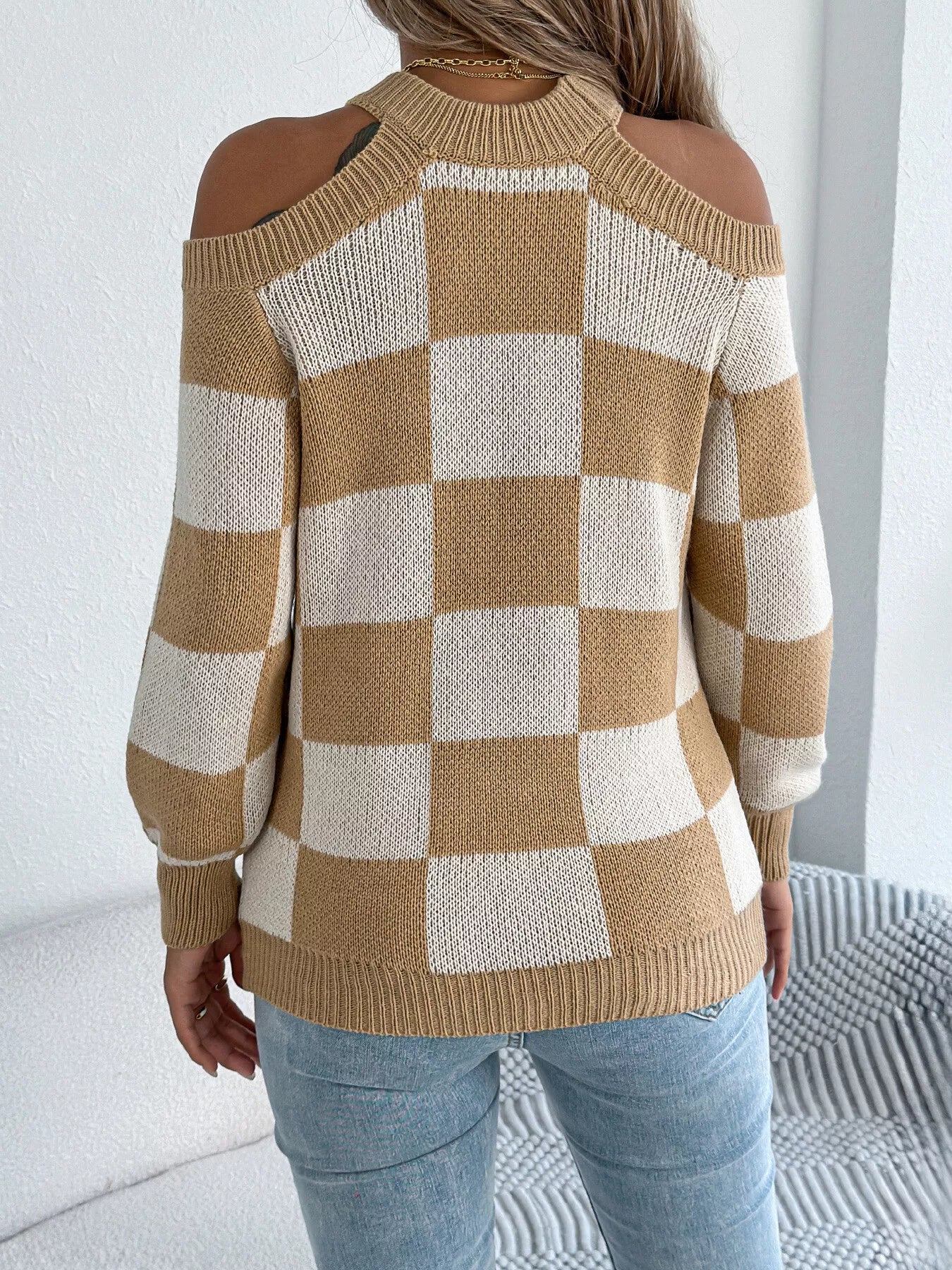 Cold Shoulder Checkered Long Sleeve Sweater by Trendsi