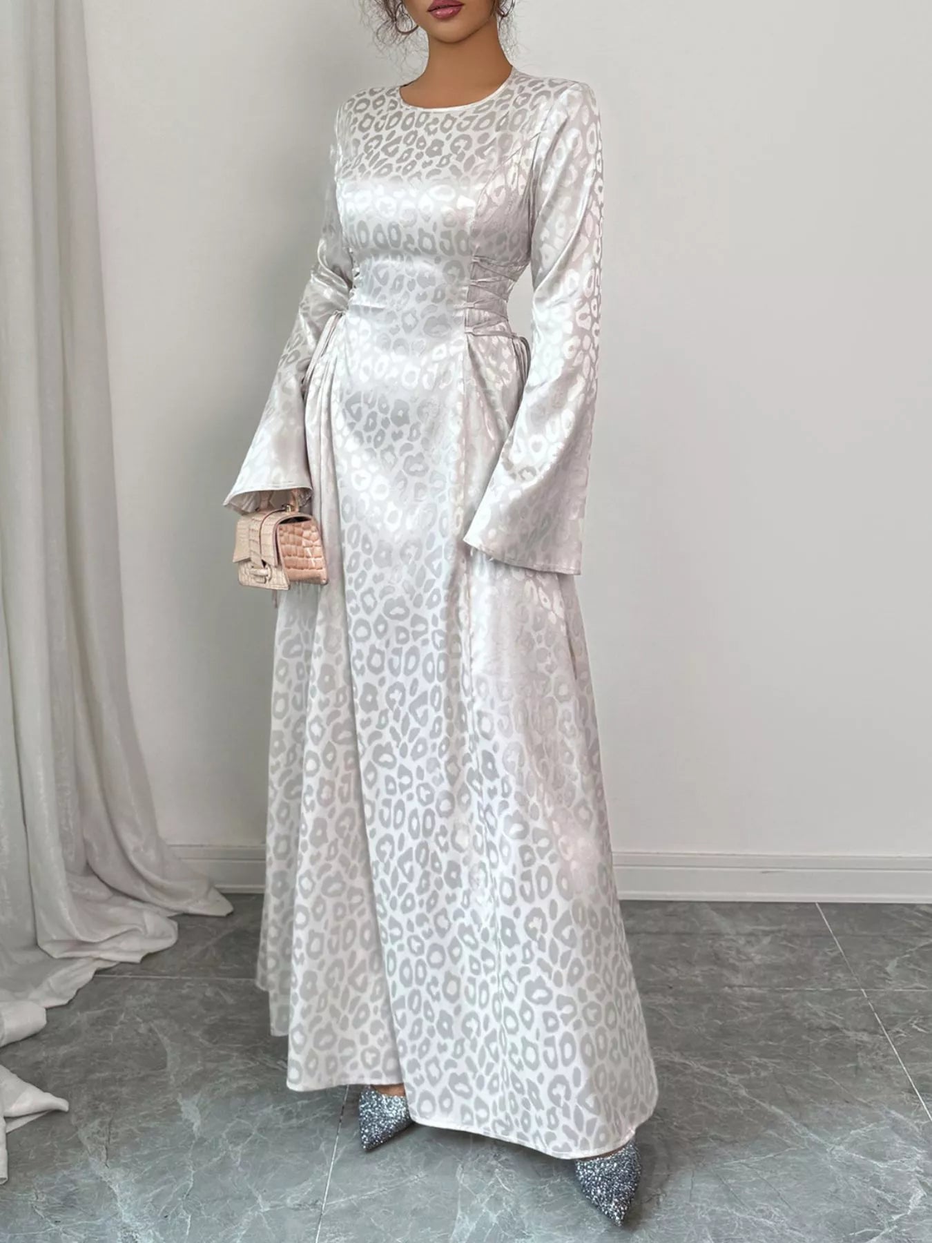Leopard Lace Up Long Sleeve Maxi Dress by Trendsi