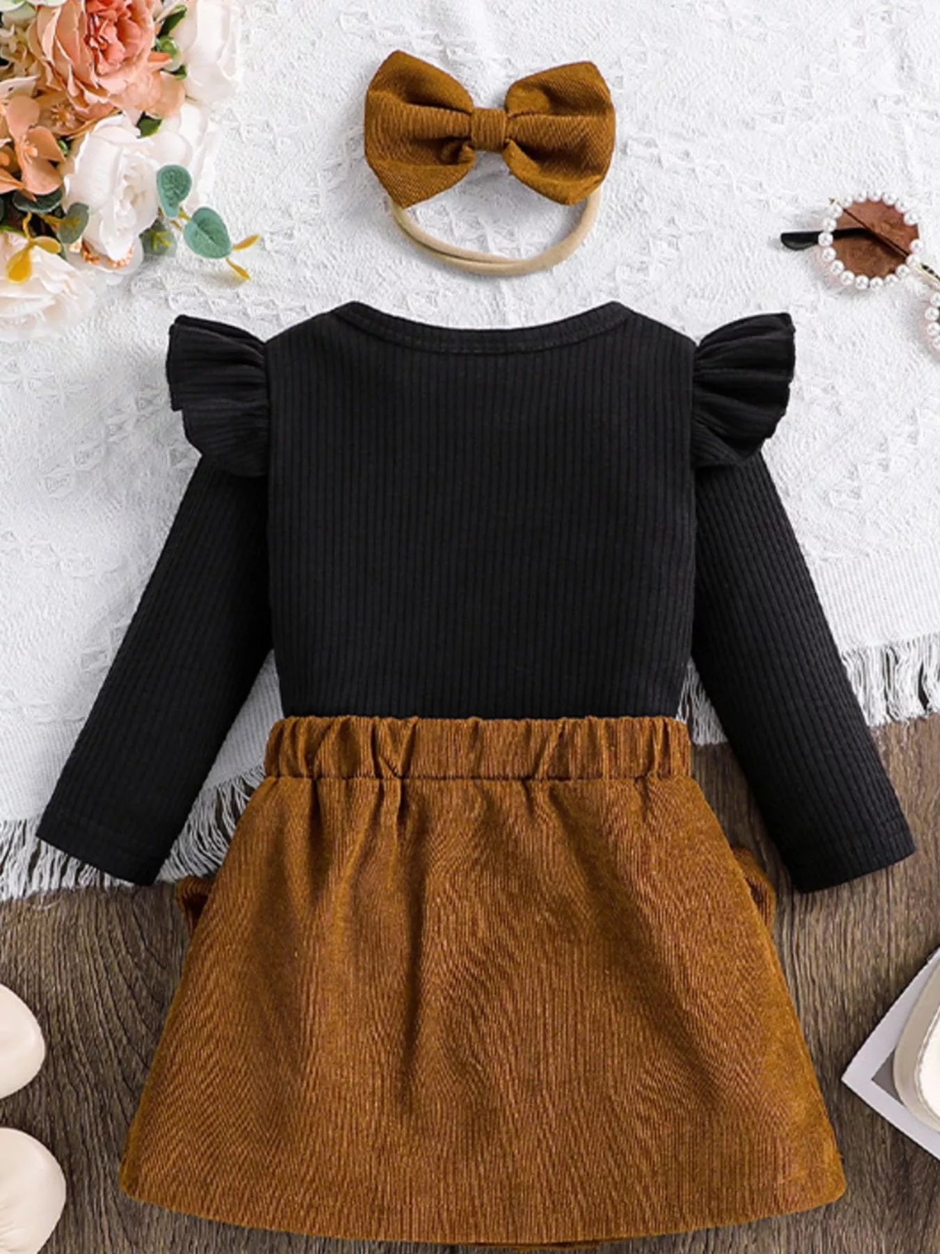 Children's Ribbed Top and Bow Skirt Set with Headband by Trendsi