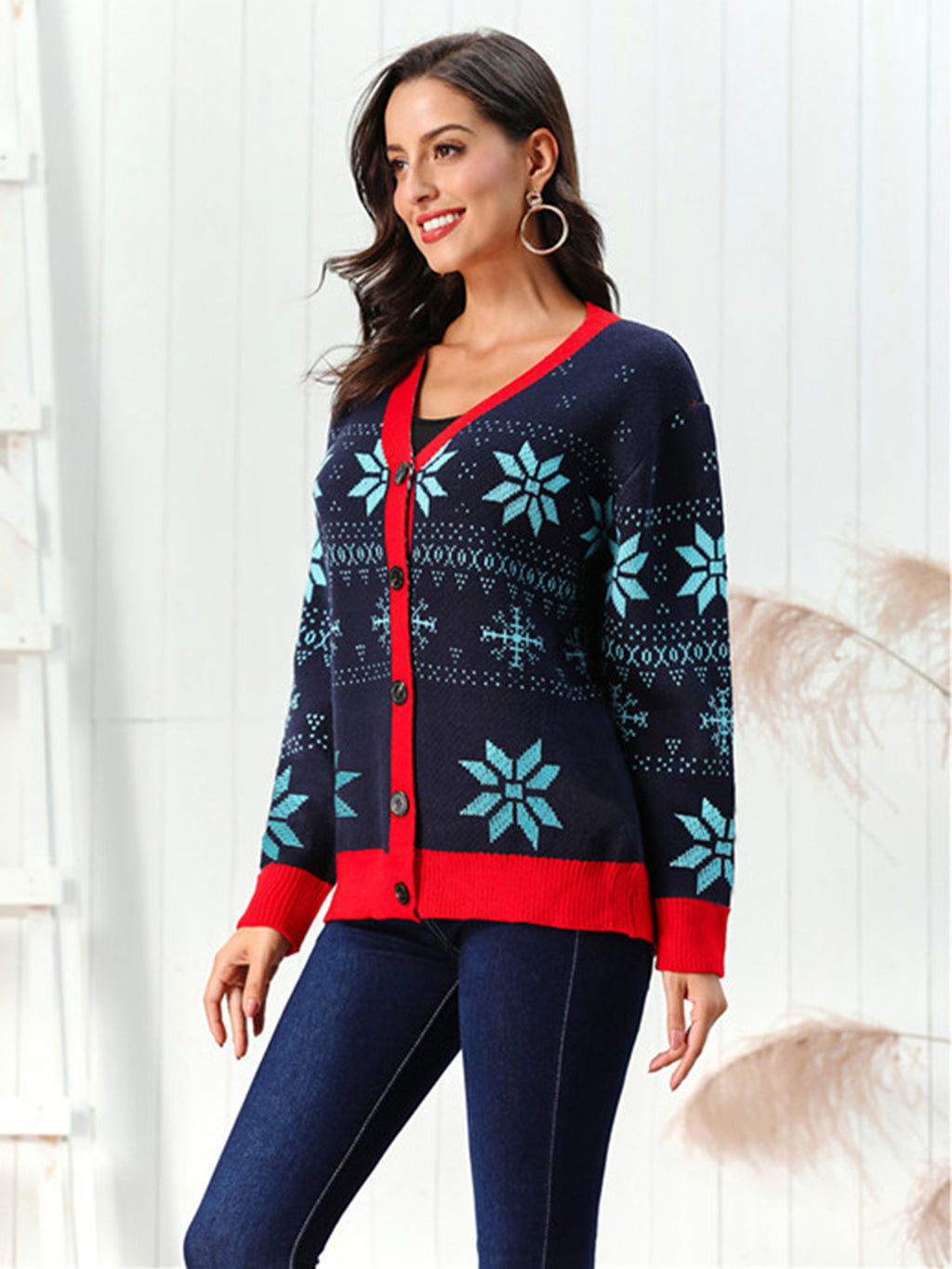 Snowflake Pattern Button Down Cardigan by Trendsi