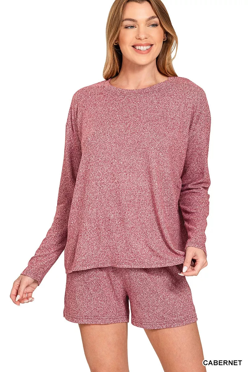 Zenana Soft Melange Long Sleeve Tee and Shorts Set by Trendsi