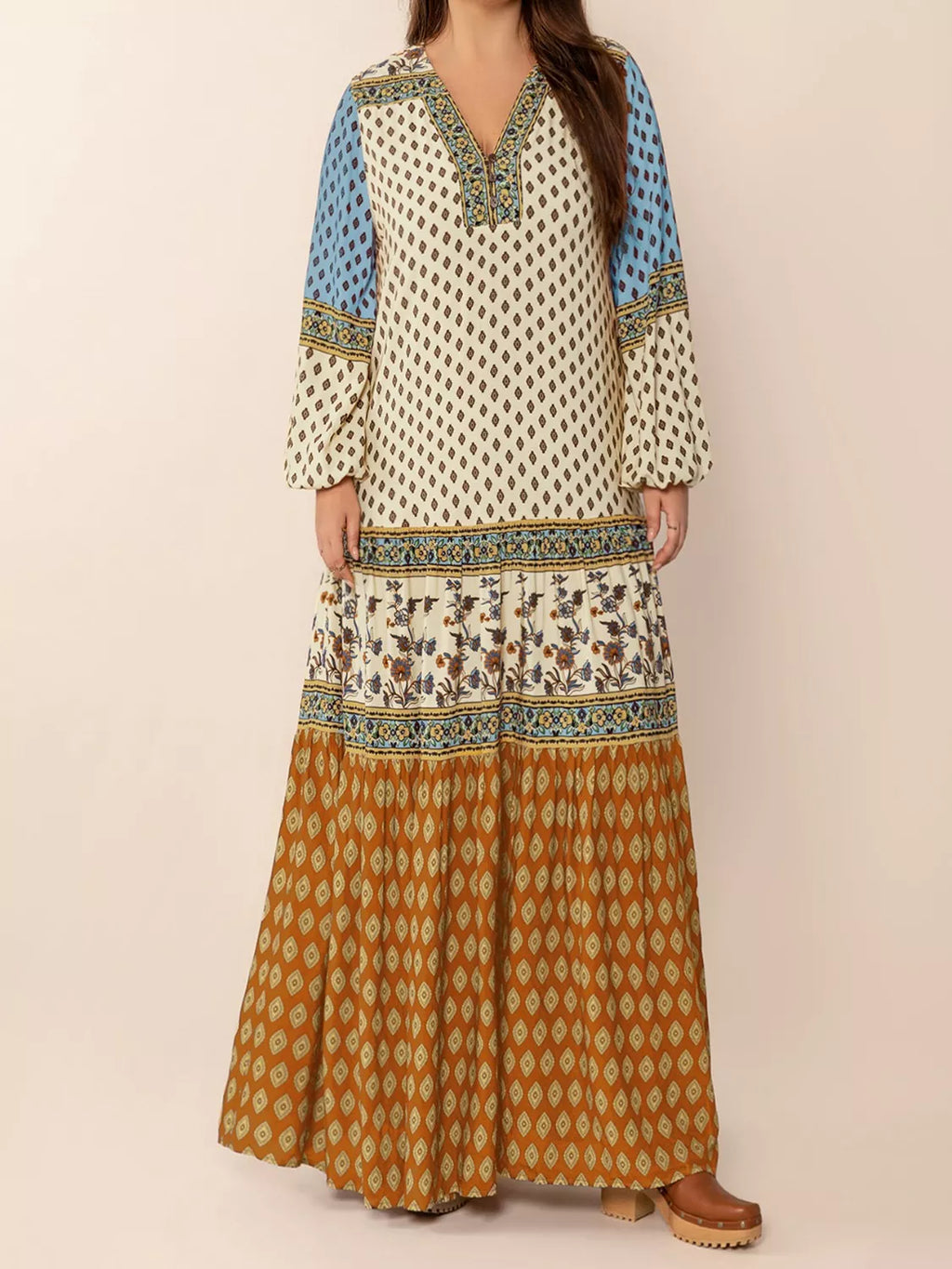 Bohemian Mixed Print Long Sleeve Maxi Dress by Trendsi