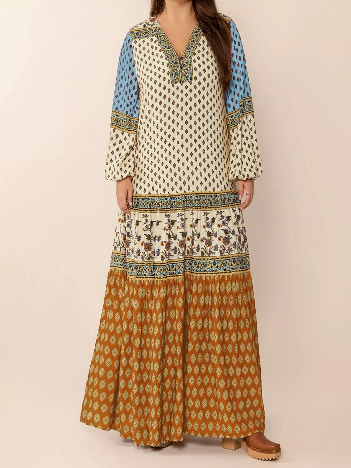 Bohemian Mixed Print Long Sleeve Maxi Dress by Trendsi