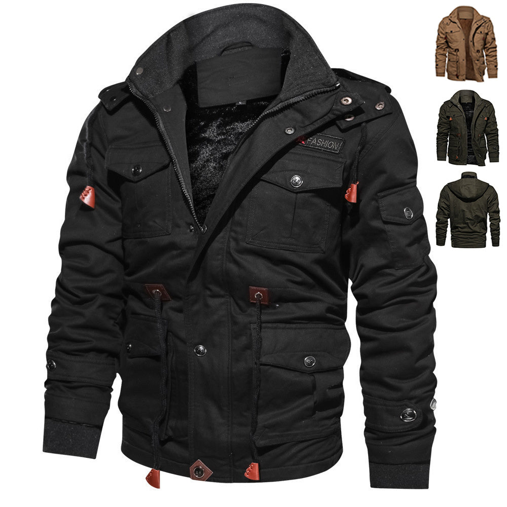 Winter Zip-up Coat Warm Thickened Detachable Hooded Jacket Multi-pocket Button Drawstring Long Sleeve Tops Men's Cargo Clothing by Estely