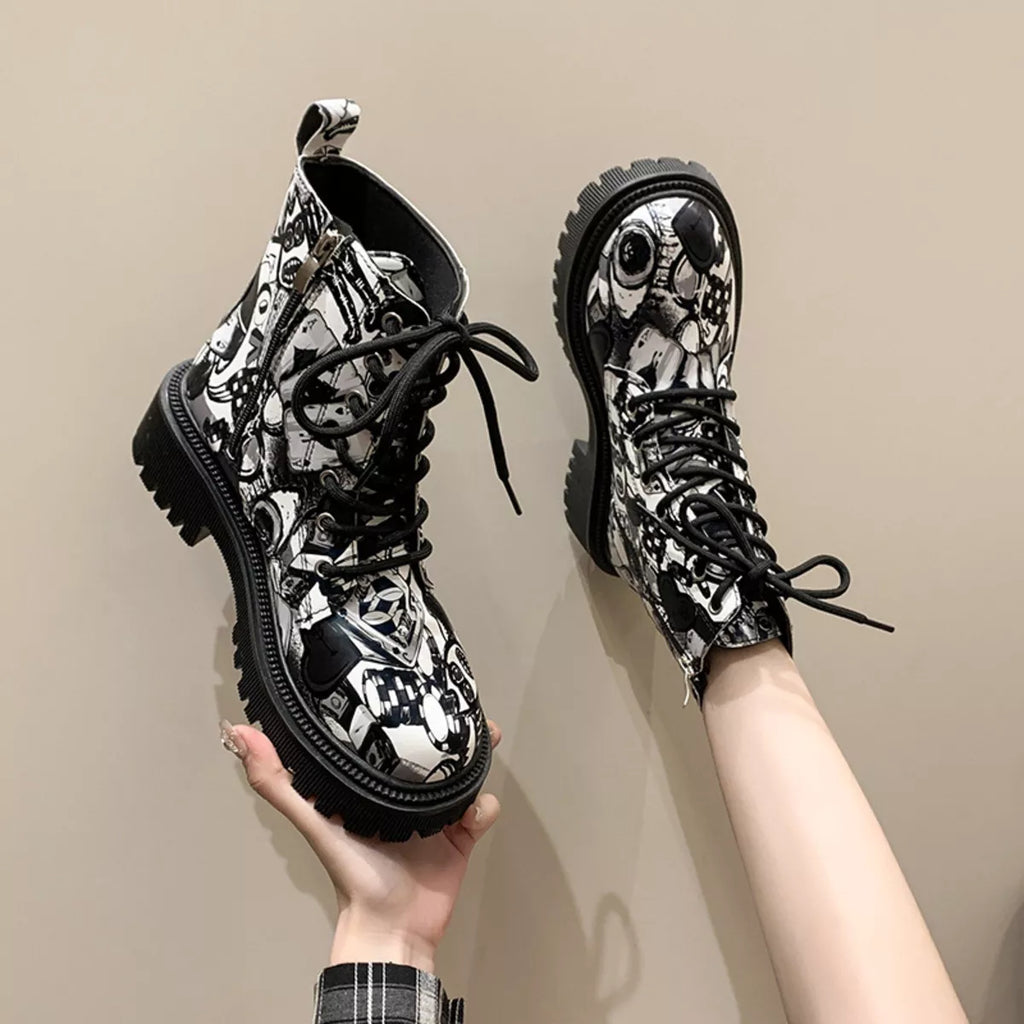 Graffiti Print Combat Boots with Colorful Street Art Design by Trendsi