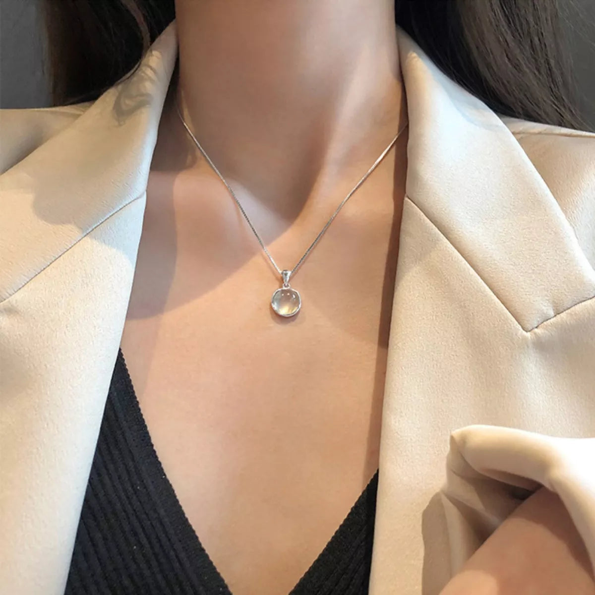 925 Sterling Silver Cat's Eye Stone Pendant Necklace by Trendsi