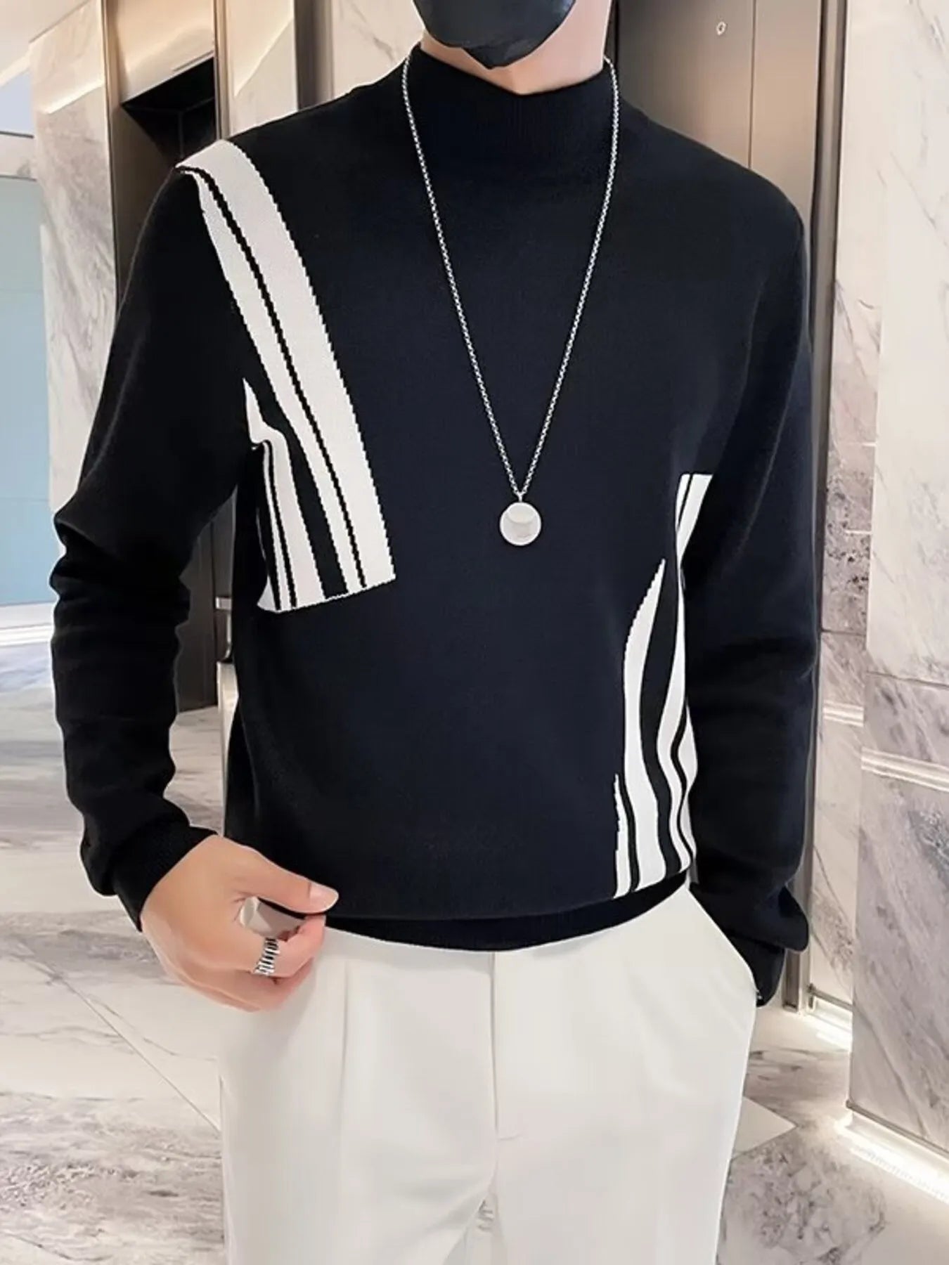 Men's Plus Size Striped Pattern Turtleneck Pullover by Trendsi