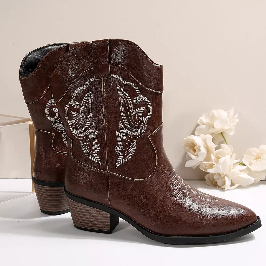Western Cowboy Boots with Embroidered Design by Trendsi