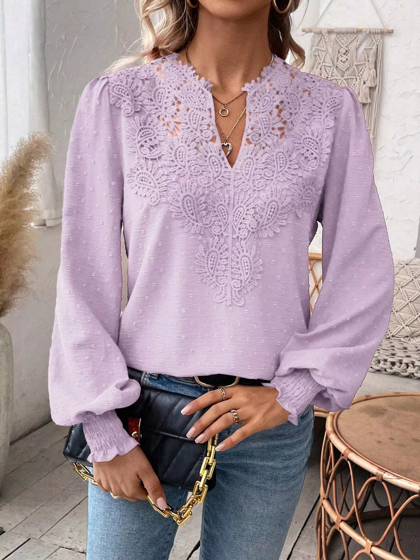 Swiss Dot Lace Detail Long Sleeve Blouse by Trendsi
