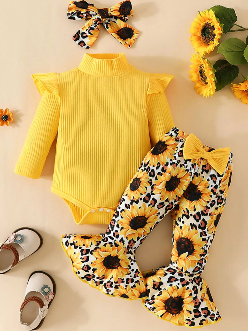 Children's Ruffled Bodysuit and Sunflower Pants Set by Trendsi