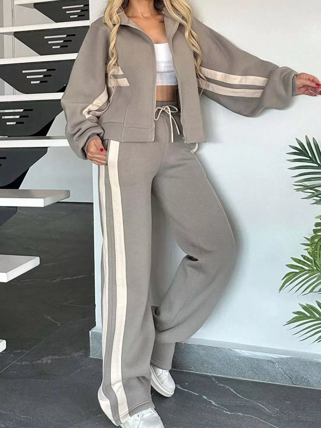 Full Size Contrast Stripe Zip Up Jacket and Pants Set Plus Size by Trendsi