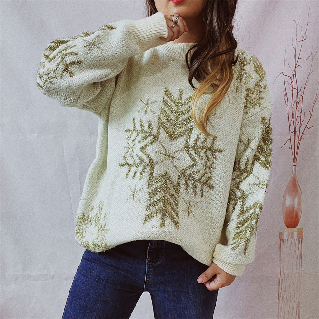 Snowflake Pattern Long Sleeve Sweater by Trendsi