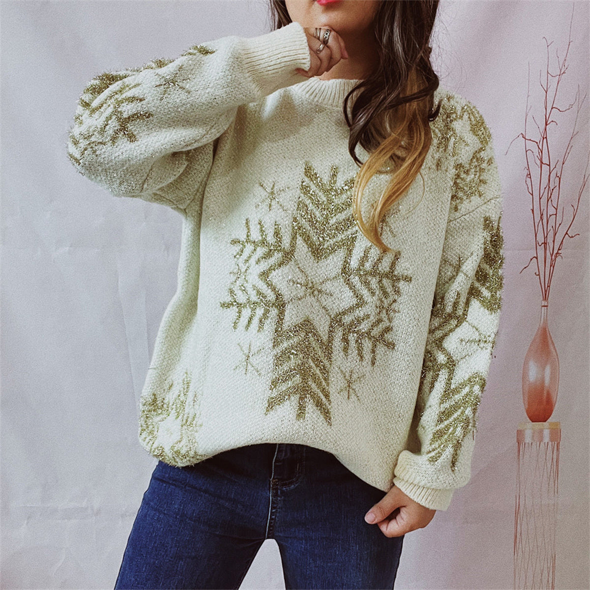 Snowflake Pattern Long Sleeve Sweater by Trendsi