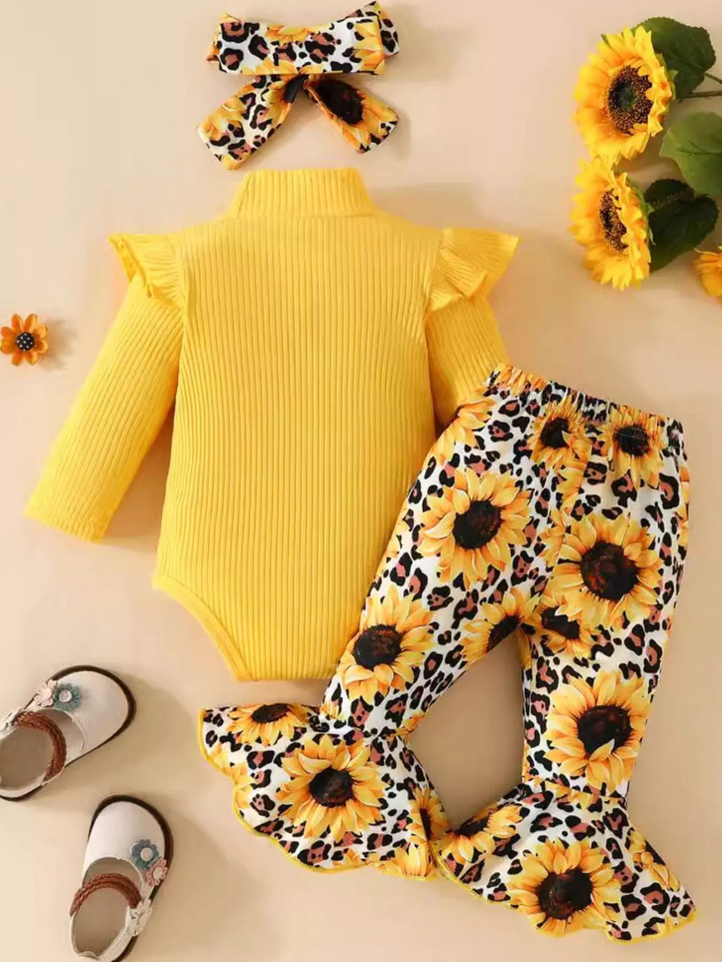Children's Ruffled Bodysuit and Sunflower Pants Set by Trendsi