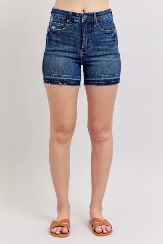 Judy Blue Full Size High Waist Tummy Control Destroy Release Hem Denim Shorts Plus Size by Trendsi