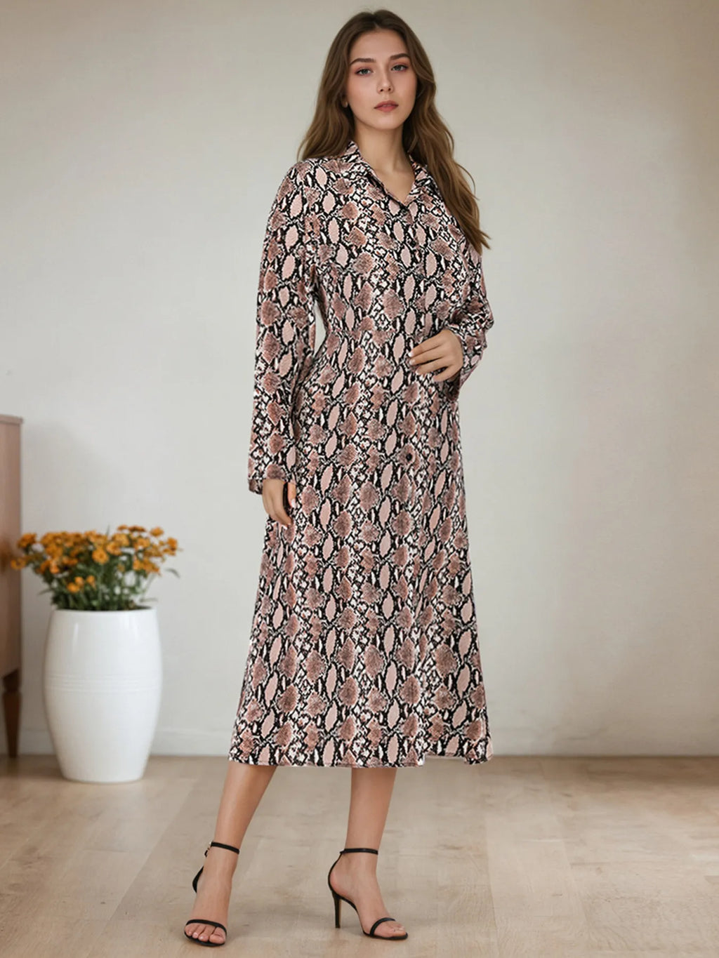Snake Print Long Sleeve Shirt Dress by Trendsi