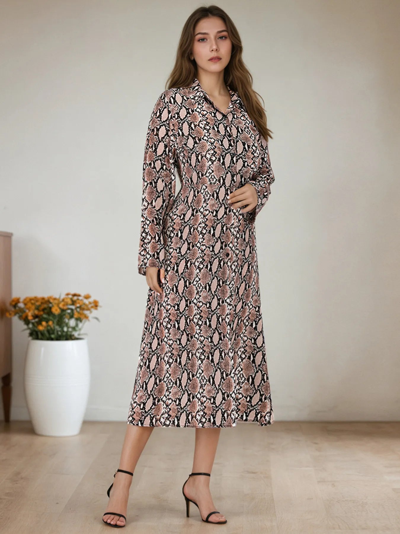 Snake Print Long Sleeve Shirt Dress by Trendsi