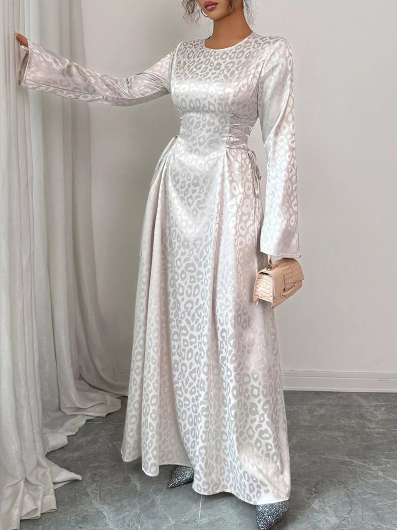 Leopard Lace Up Long Sleeve Maxi Dress by Trendsi