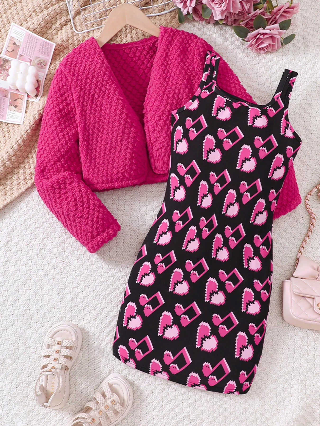 Children's Printed Dress and Cardigan Set by Trendsi