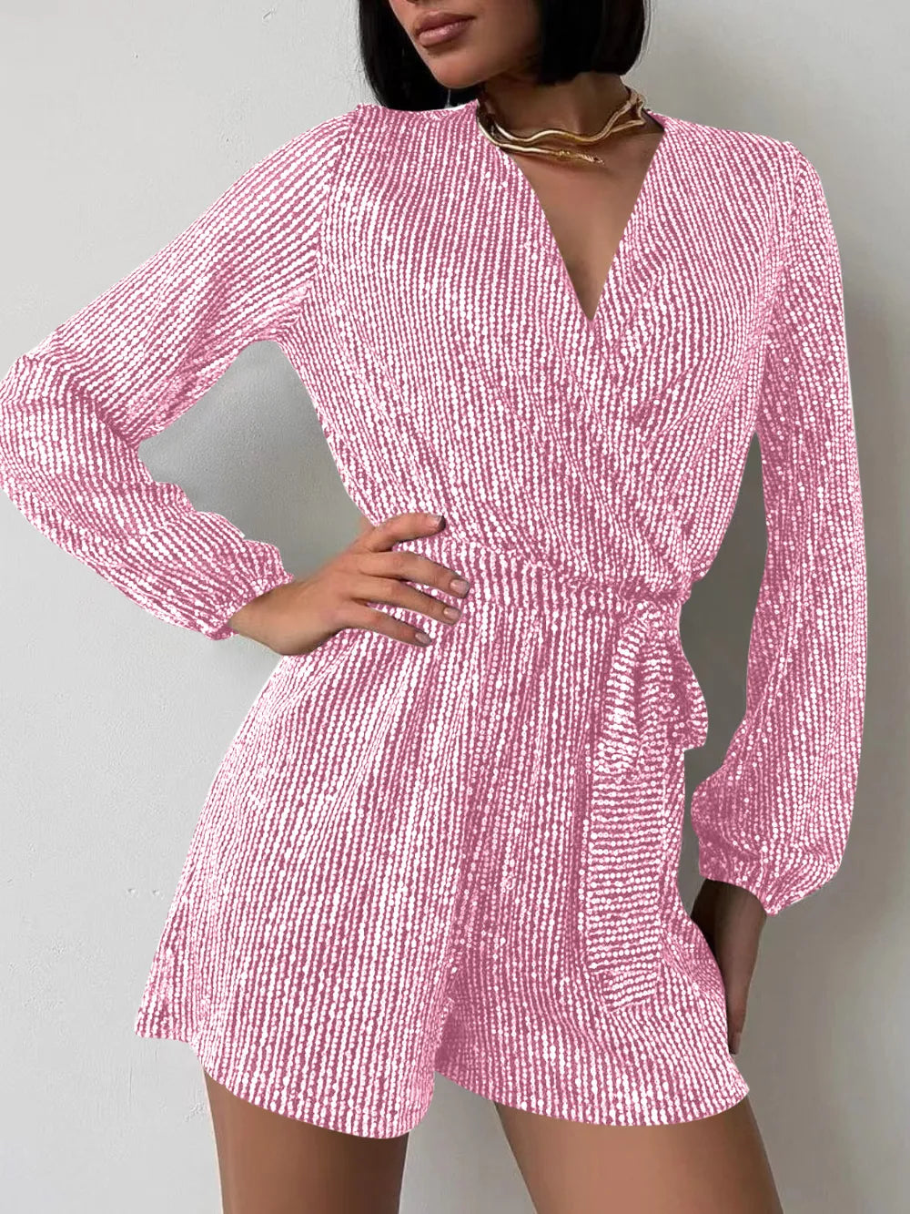 Full Size Sequin Surplice Tie Waist Long Sleeve Romper by Trendsi