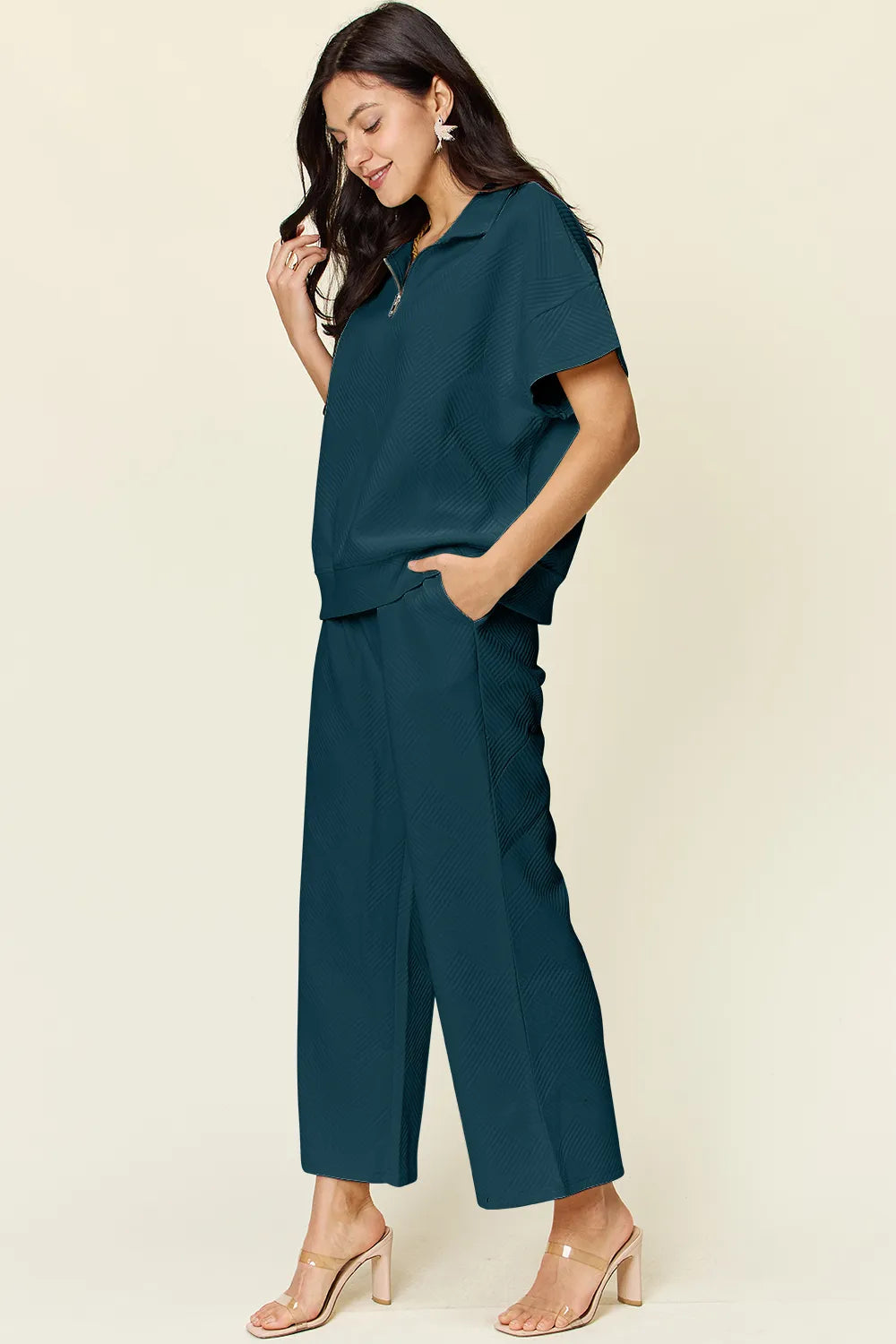 Double Take Full Size Texture Half Zip Short Sleeve Top and Pants Set by Trendsi