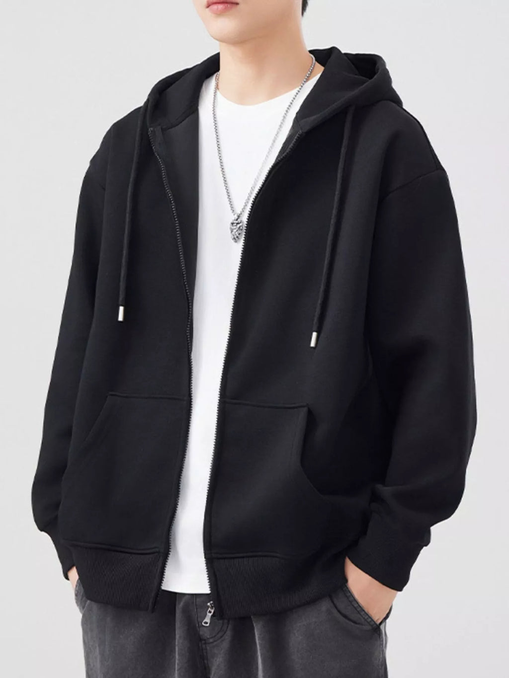 Men's Plus Size Solid Color Zip-Up Hoodie by Trendsi