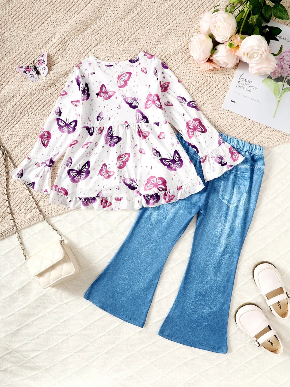 Children's Butterfly Print Top and Flare Pants Set by Trendsi