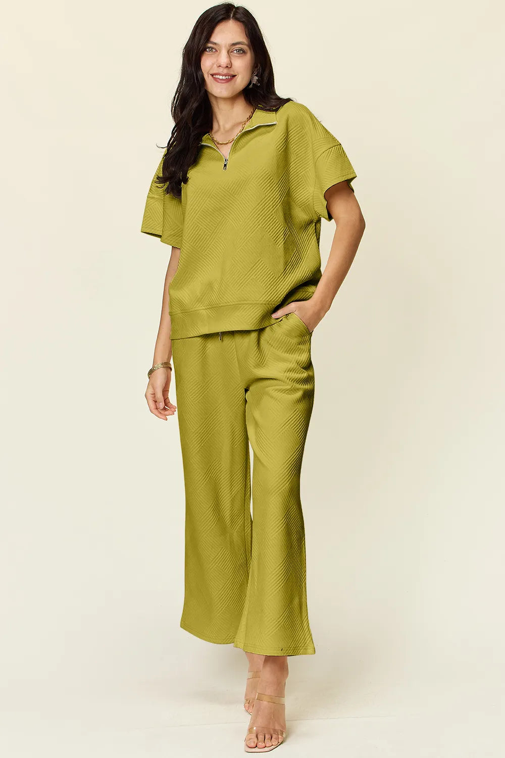 Double Take Full Size Texture Half Zip Short Sleeve Top and Pants Set by Trendsi