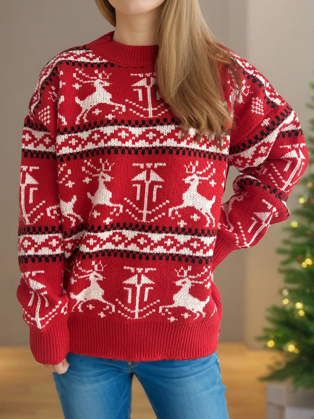 Christmas Element Round Neck Long Sleeve Sweater by Trendsi