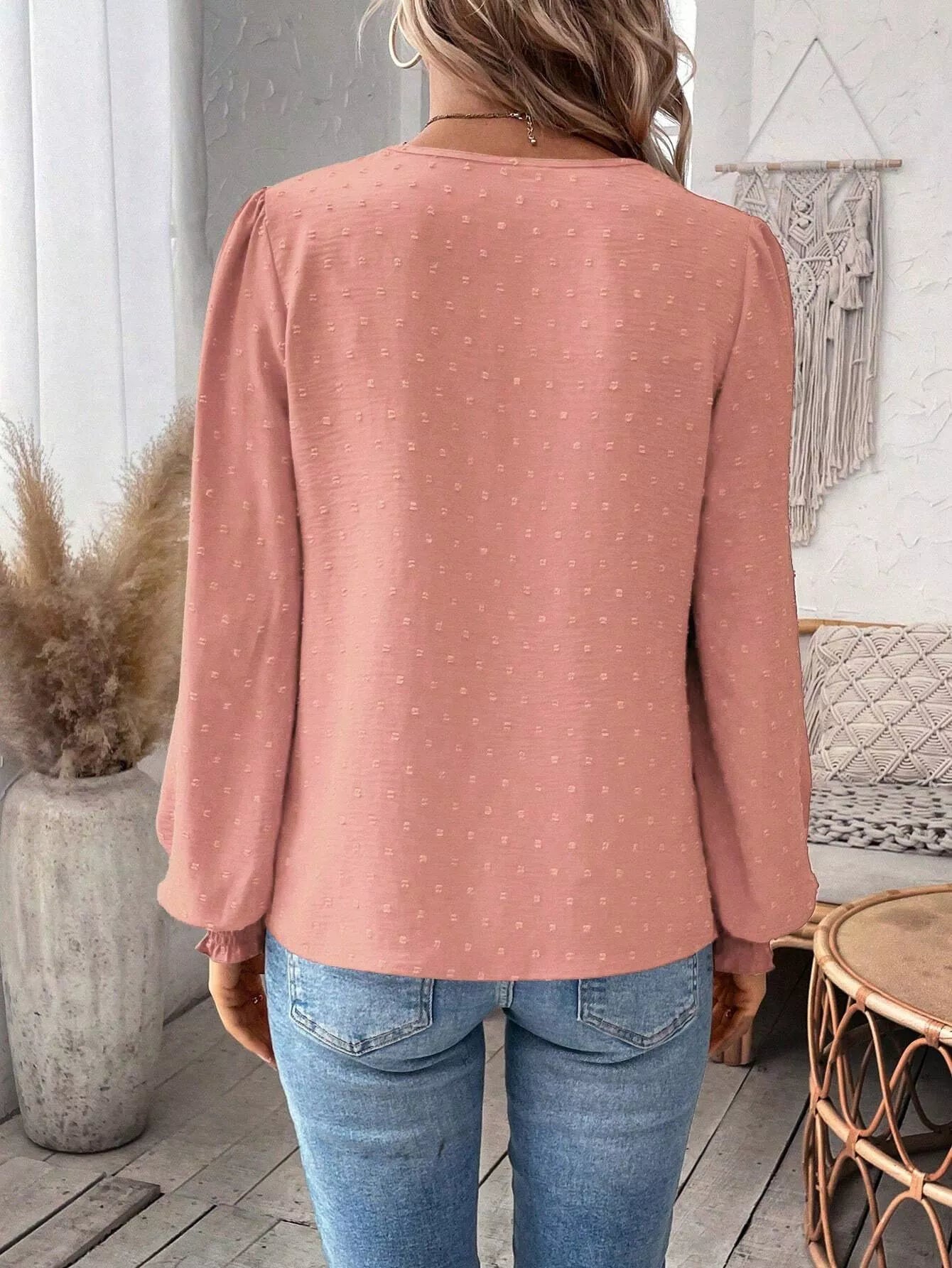 Swiss Dot Lace Detail Long Sleeve Blouse by Trendsi