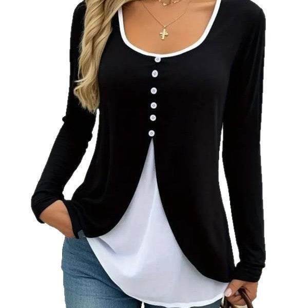 Casual Contrast Color Women's Two-piece Long-sleeved T-shirt by DC-THE CEO